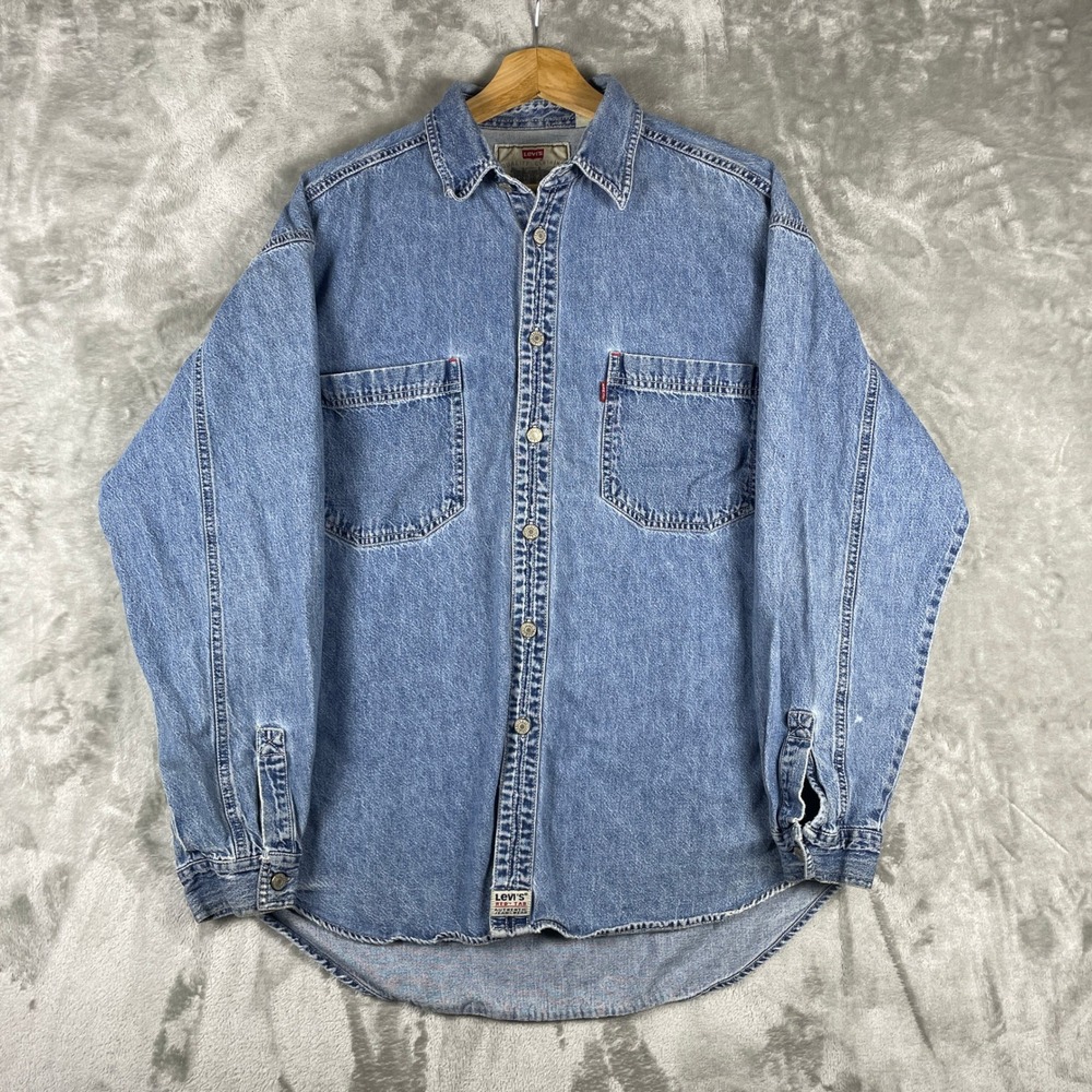 Vintage Levi's Button Down Shirt Mens L Blue Denim Red Tab Long Sleeve Vintage
